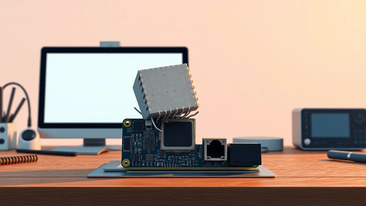 Illustration: A small embedded circuit board with a microcontroller chip sits on a workbench.