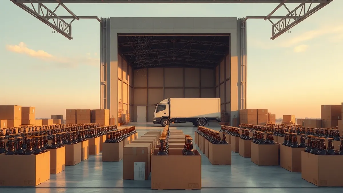 Illustration: An empty warehouse floor holds rows of unopened cardboard boxes filled with brown glass bottles.