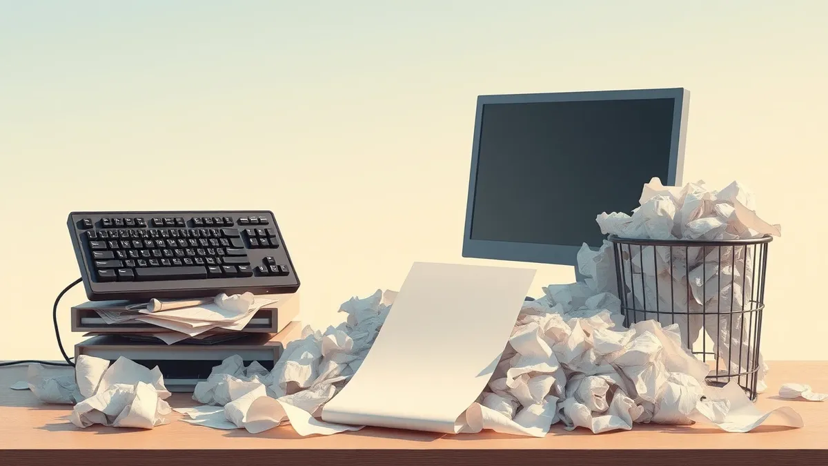 Illustration: A solitary mechanical keyboard sits on a cluttered desk beside a blank monitor.