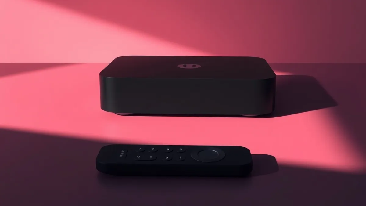 Illustration: A sleek black media streaming box rests on a dark surface, its top panel revealing a tiny circular microphone hole.