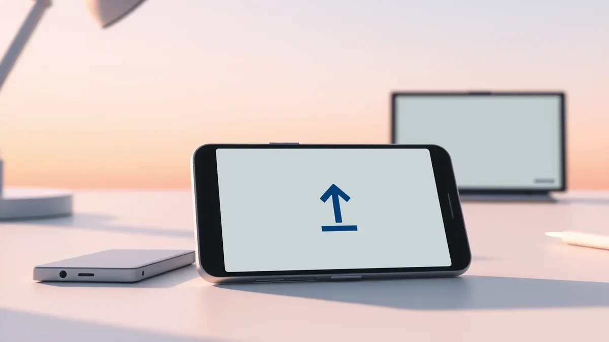 Illustration: A smartphone rests on a clean desk, its screen displaying a blank application interface with a prominent upload arrow.