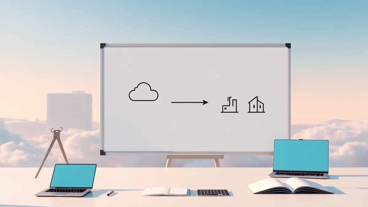 Illustration: A whiteboard displays a simplified diagram of three interconnected cloud shapes, a factory icon, and a building icon.