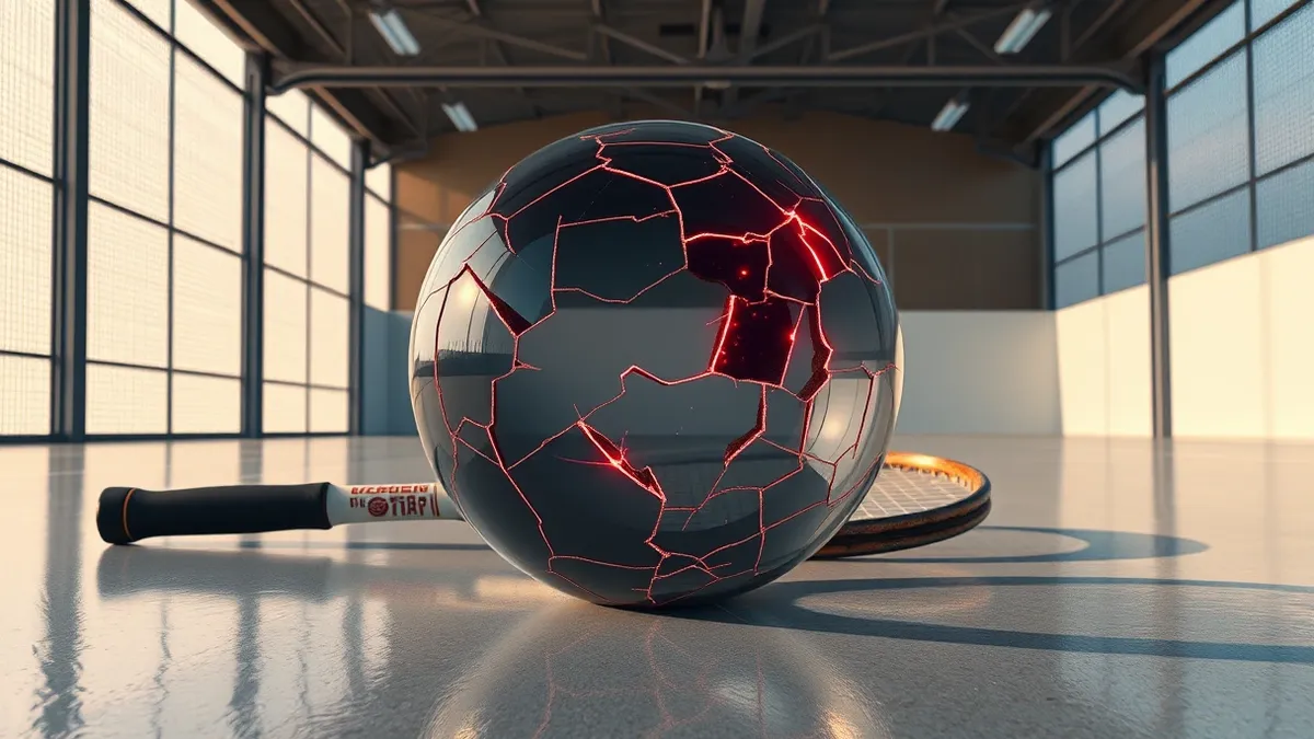 Illustration: A cracked glass squash ball rests on a polished gymnasium floor next to a rusted racket.