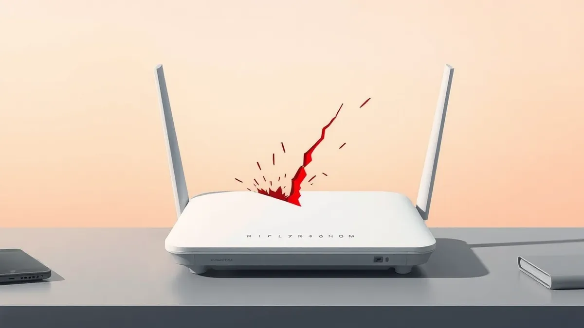 Illustration: A white wireless router sits on a desk with its antenna tilted backward.