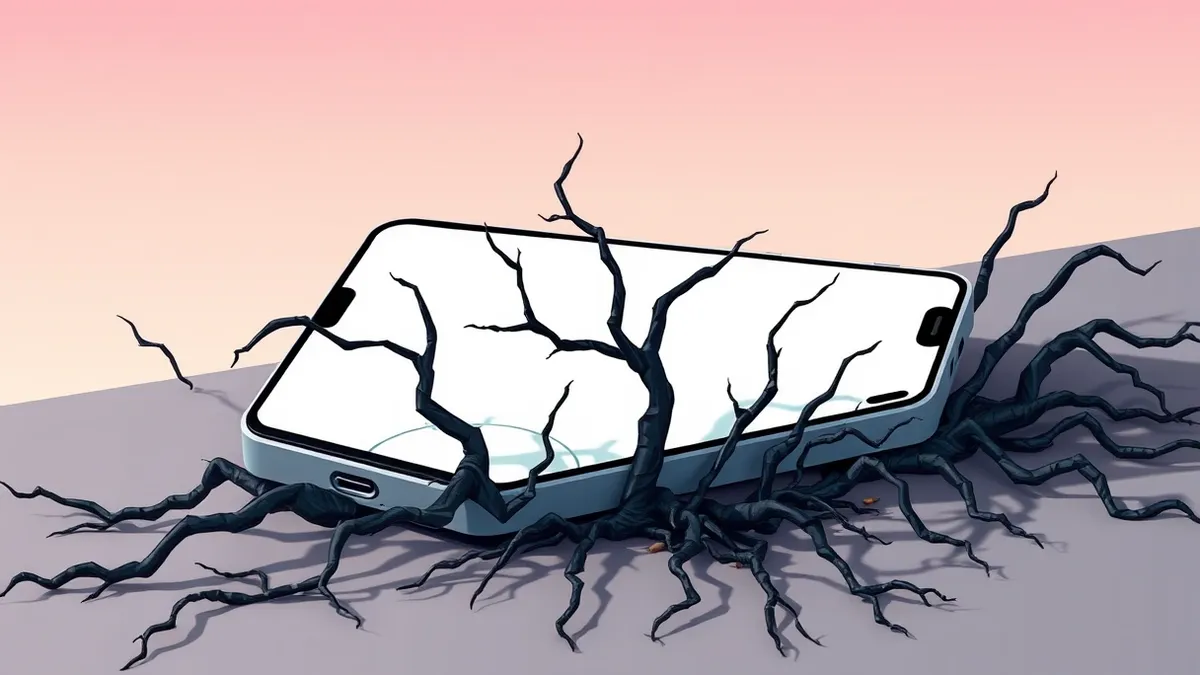 Illustration: A cracked budget smartphone rests on a table, its screen displaying a blank white interface.