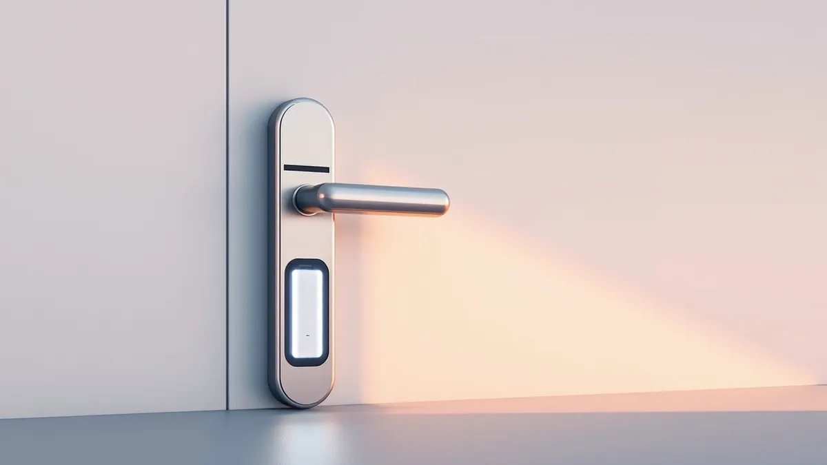 Illustration: A modern door handle lock sits against a plain wall, featuring a transparent side panel that reveals a compact internal battery pack.
