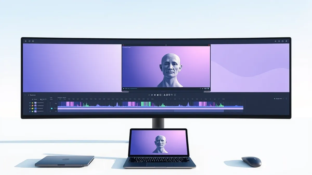 Illustration: A sleek black video editing interface displays a timeline with two synchronized waveform tracks above a playback window showing a talking head with perfectly synced m