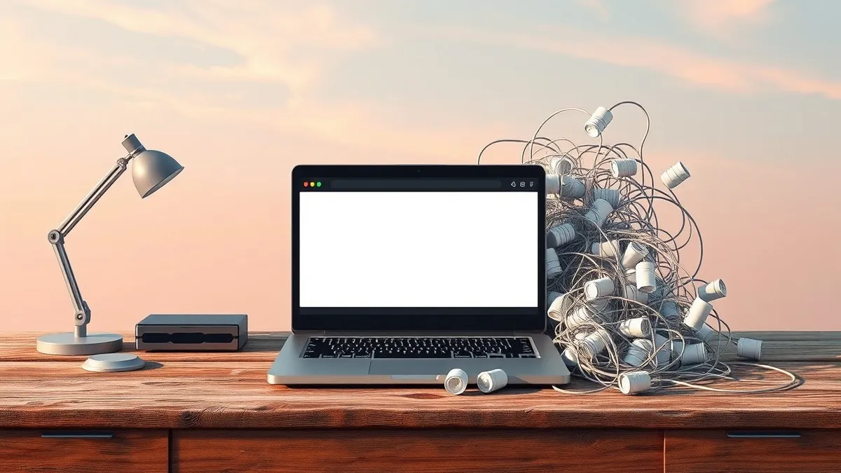Illustration: A weathered wooden desk holds an open laptop displaying a blank browser window with abstract geometric shapes.