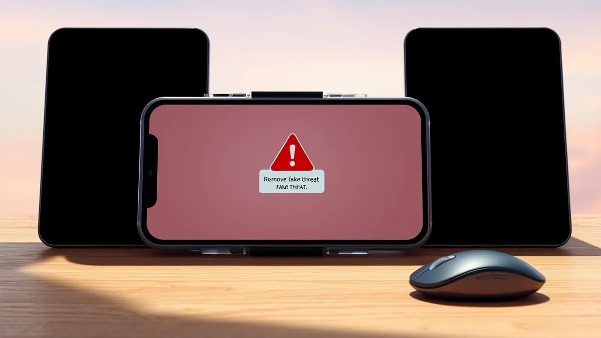 Illustration: A smartphone screen displays a alarming red warning box with a large exclamation mark, urging immediate action to remove a fake threat.