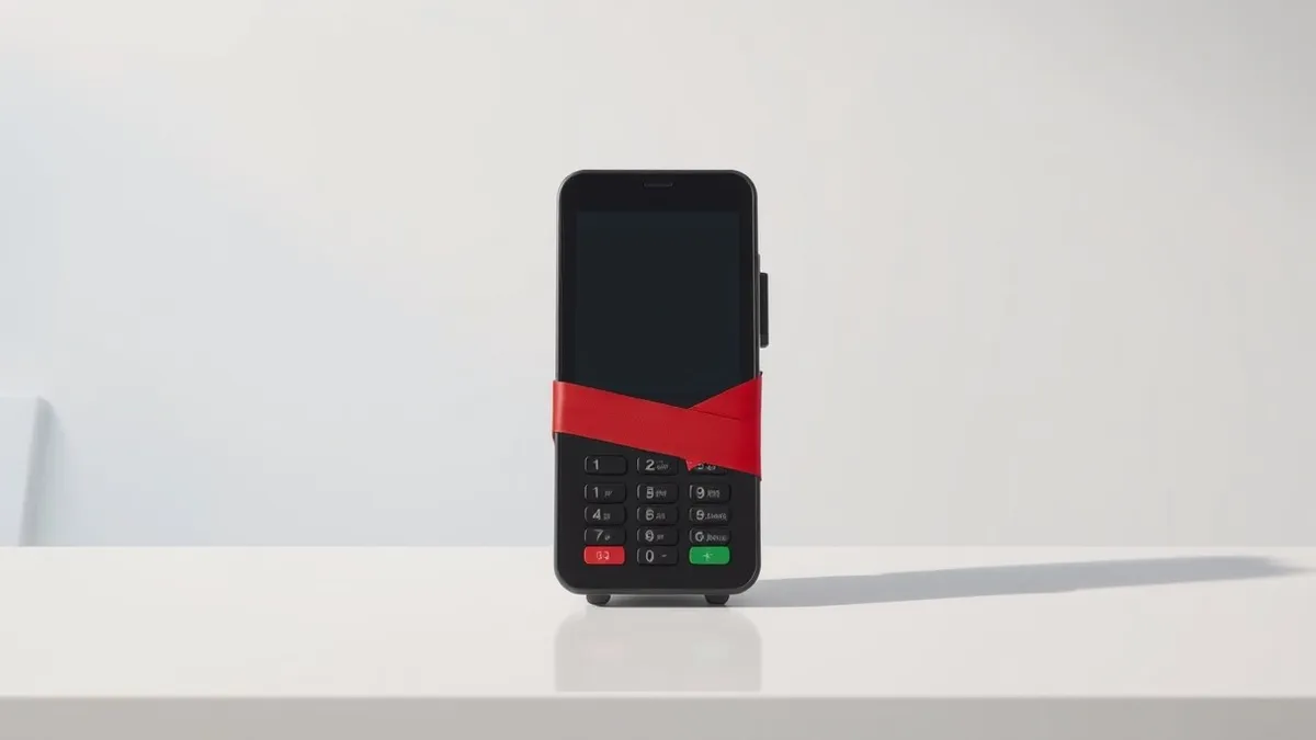Illustration: A sleek black mobile payment terminal sits alone on a smooth white counter, completely inactive with its dark screen reflecting the sterile room above.