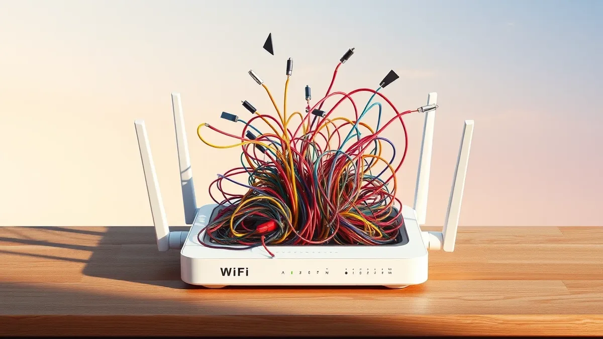 Illustration: A white Wi-Fi router sits on a wooden table, its plastic casing cracked open to reveal a chaotic tangle of colorful wires spilling out like an overflowing cup.