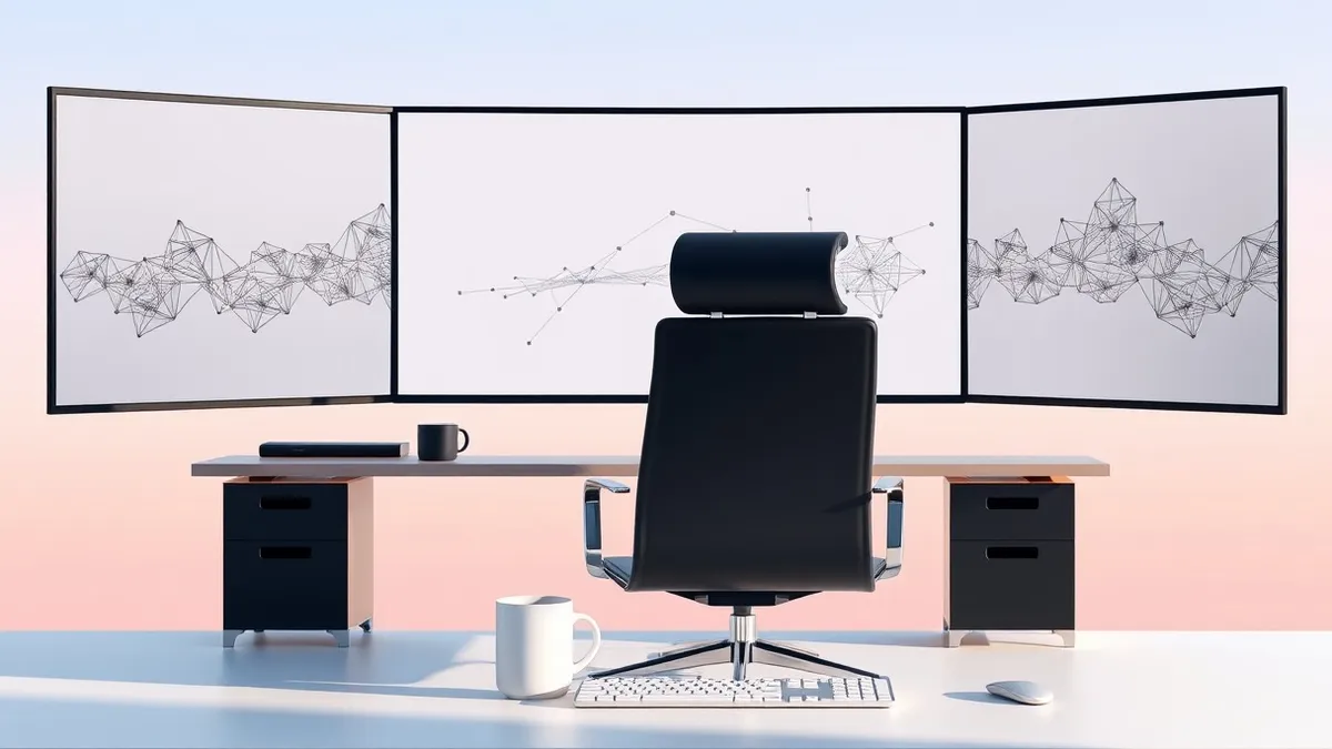 Illustration: A sleek black office chair sits empty in front of a large blank monitor displaying abstract geometric nodes.