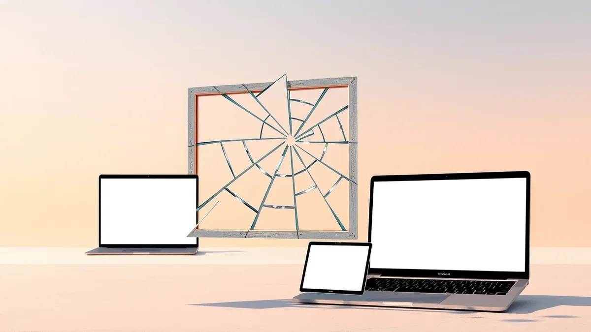 Illustration: A cracked, fragmented window pane floats in mid-air, its glass shards twisting into abstract geometric shapes.