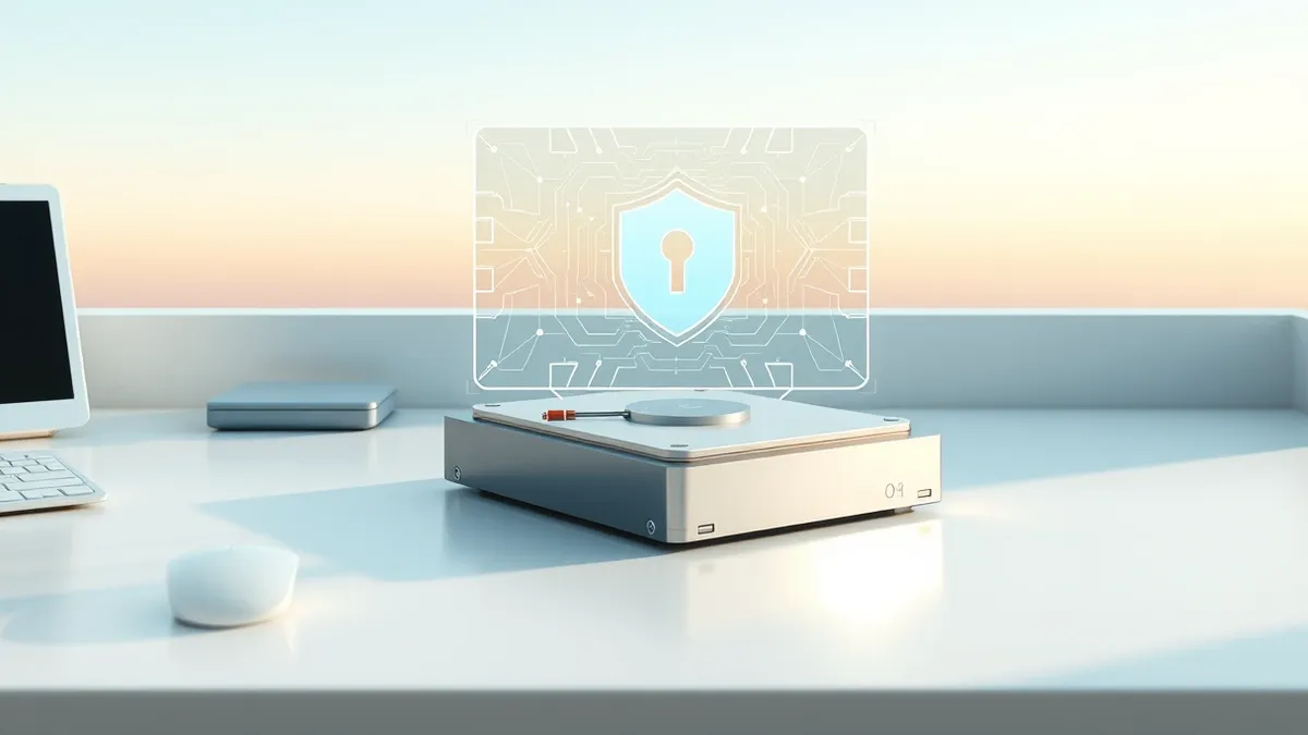 Illustration: A sleek metal hard drive rests on a clean white desk, its surface reflecting soft ambient light.