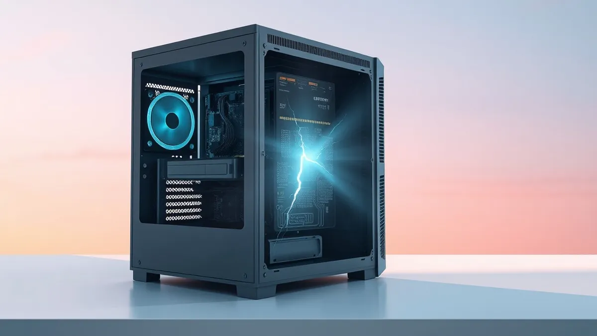 Illustration: A generic desktop computer tower sits on a clean white desk with its side panel removed to expose the internal circuit board.