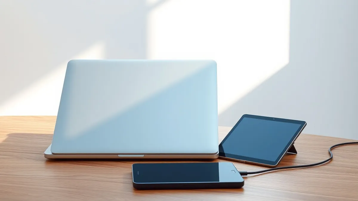 Illustration: A sleek silver laptop sits closed on a wooden desk, its lid reflecting soft window light.