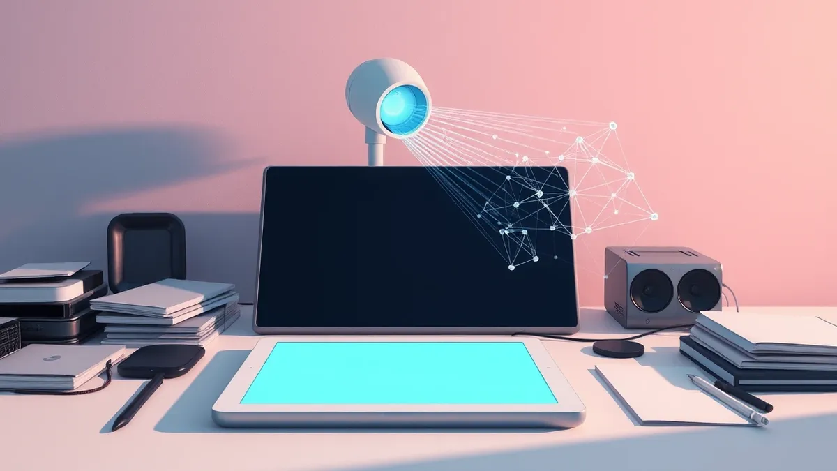 Illustration: A sleek white sensor sits atop a cluttered desk, projecting a soft blue beam of light onto a blank tablet screen.