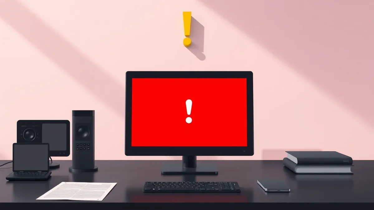 Illustration: A sleek black terminal sits open on a dark desk, displaying a blank screen with a large red warning icon.