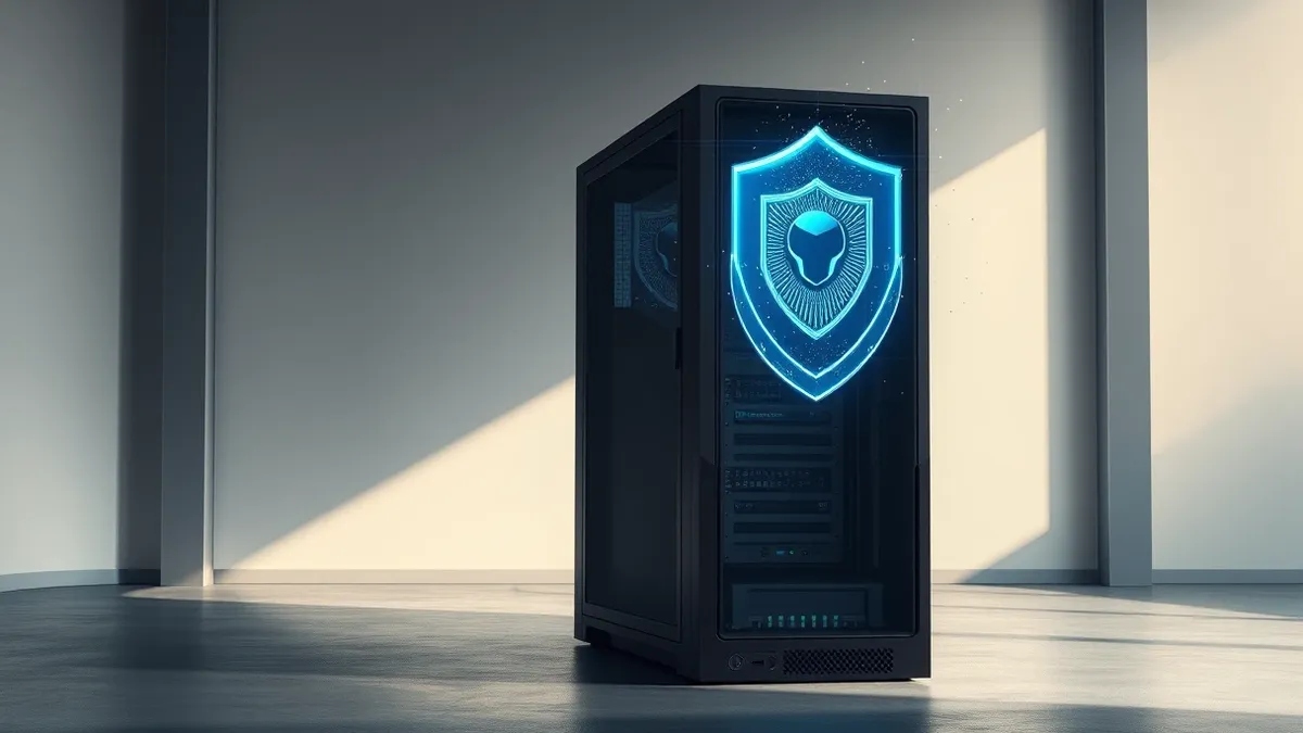 Illustration: A sleek black server tower sits on a concrete floor, its side panel open to reveal intricate circuitry.