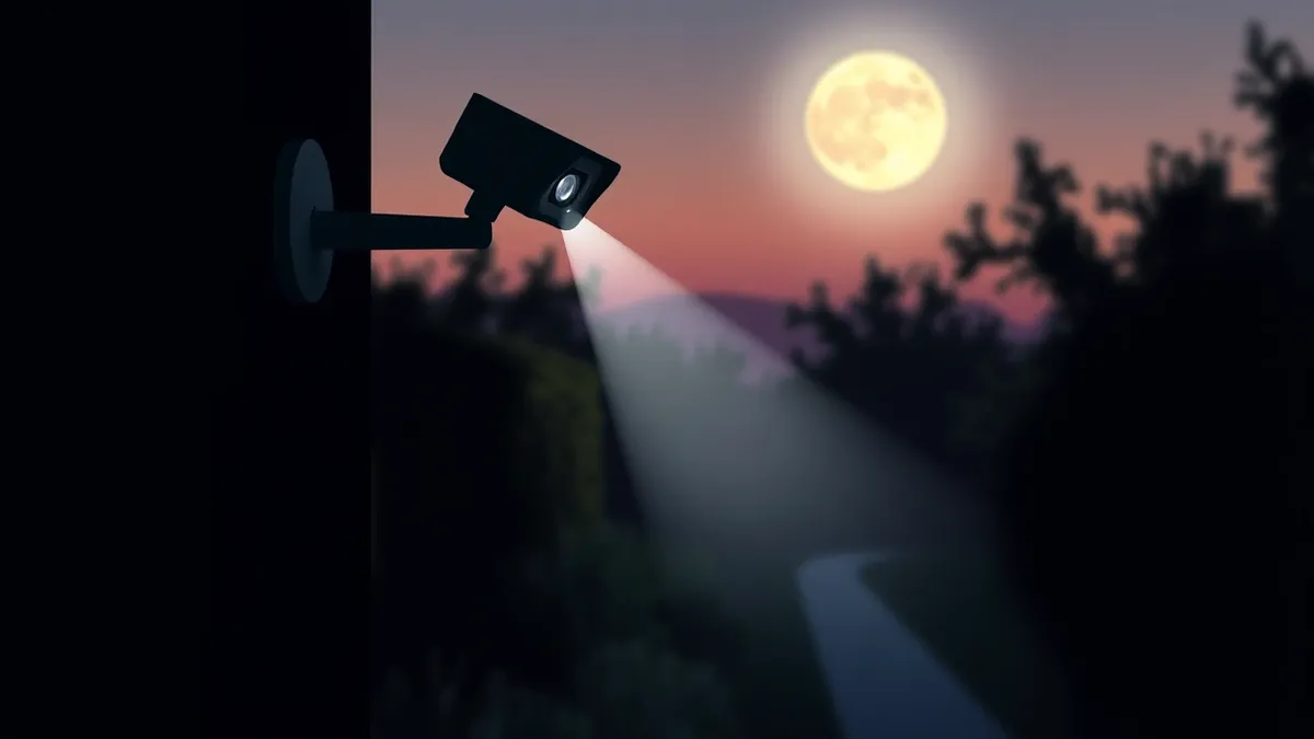 Illustration: A compact outdoor security camera mounts on a dark wall under moonlight.