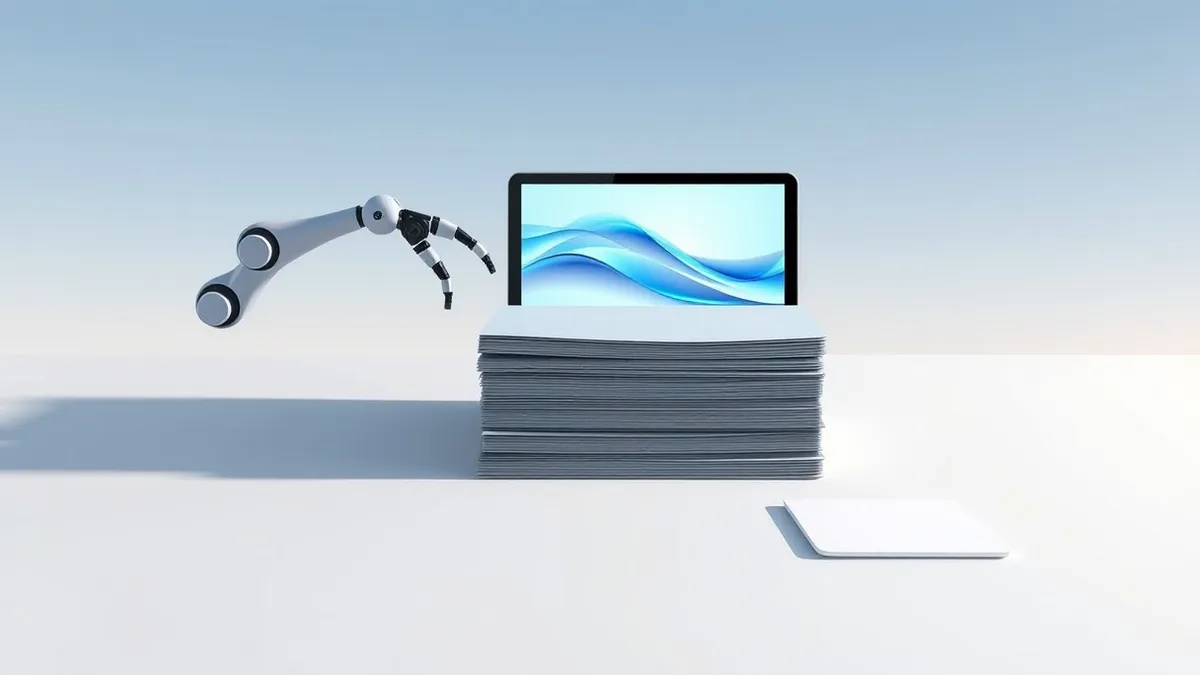 Illustration: A sleek robotic arm gently pushes a stack of uniform gray files across a minimalist desk toward a glowing digital tablet.