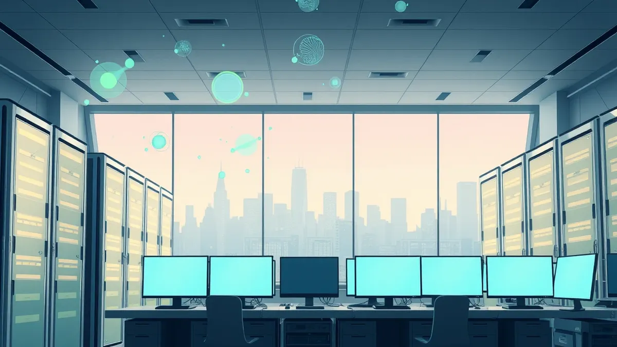 Illustration: A sleek, modern laboratory interior features rows of blank, glowing server towers and workstations with empty monitors.