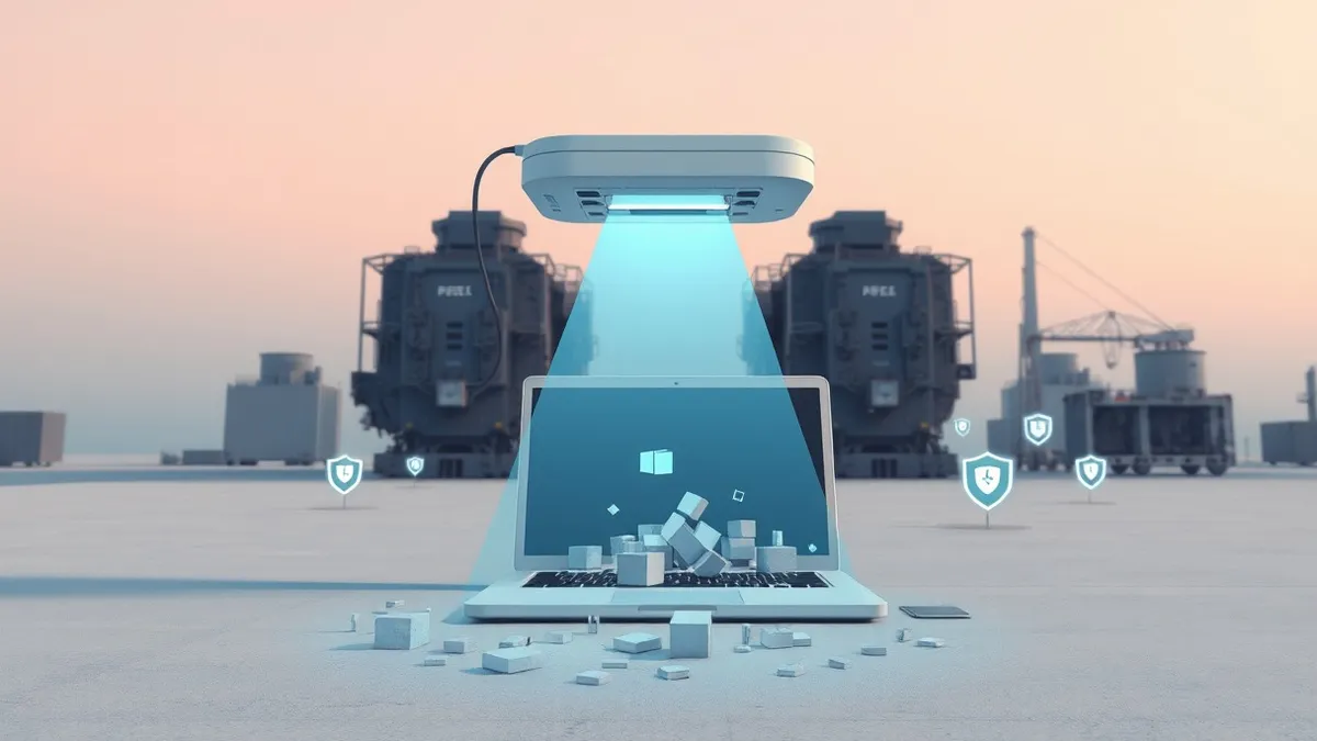 Illustration: A sleek white scanner device hovers over an open laptop, projecting a beam of soft blue light that transforms scattered digital fragments into neat, organized blocks.