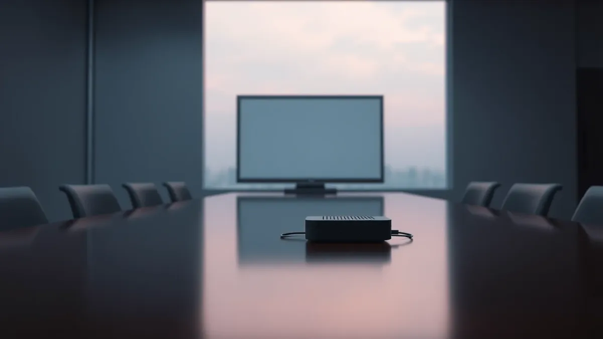 Illustration: A small black listening device rests on a polished conference table near a blank laptop screen.