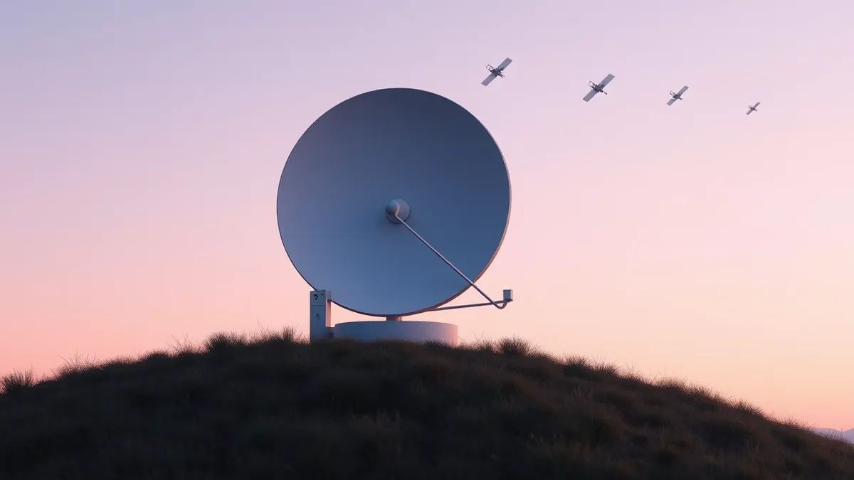 Illustration: A sleek white satellite dish rests on a grassy hill under a twilight sky, its flat panel angled sharply toward the stars.