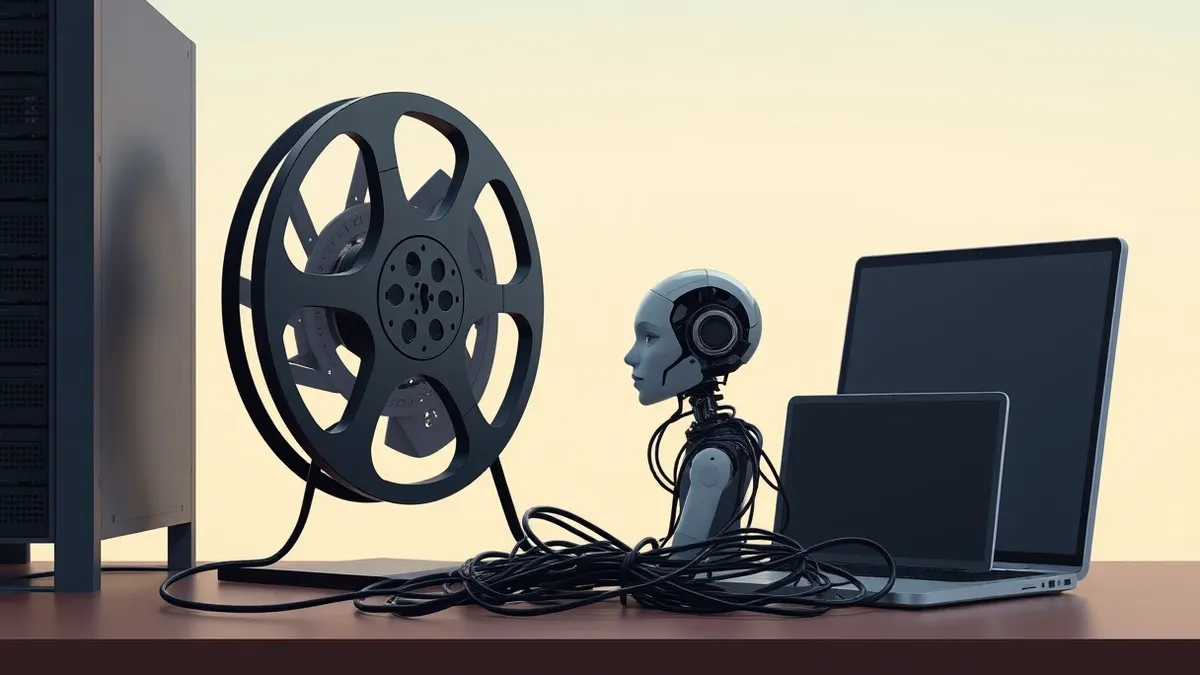 Illustration: A sleek black film reel sits on a desk beside a cluster of tangled server cables and a small robotic head.