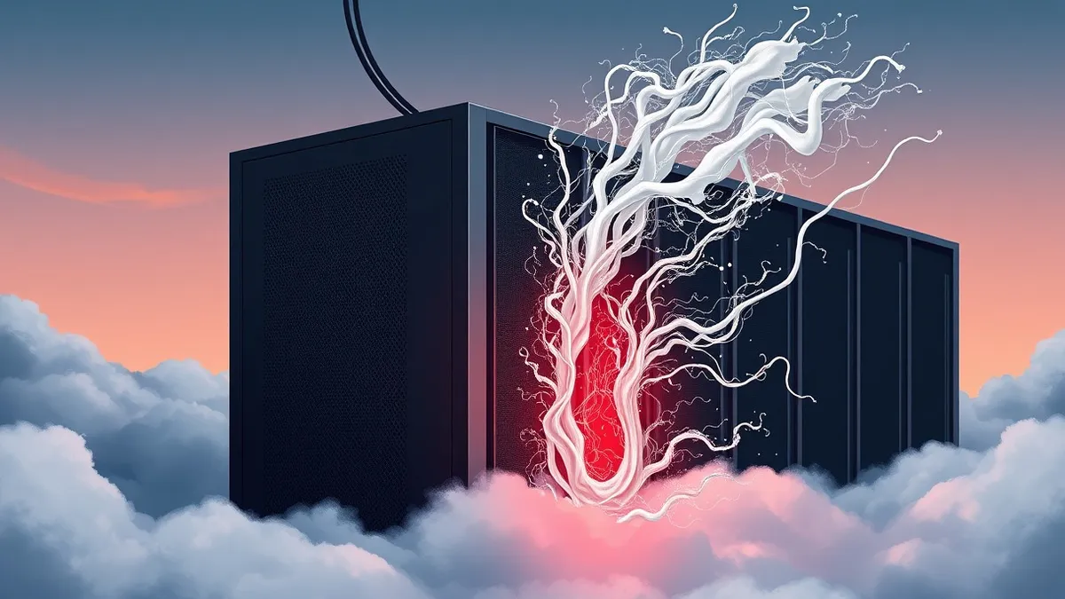 Illustration: A sleek black server node sits in a dark cloud infrastructure rack, its front panel glowing with a single pulsing red light to indicate a critical security breach.