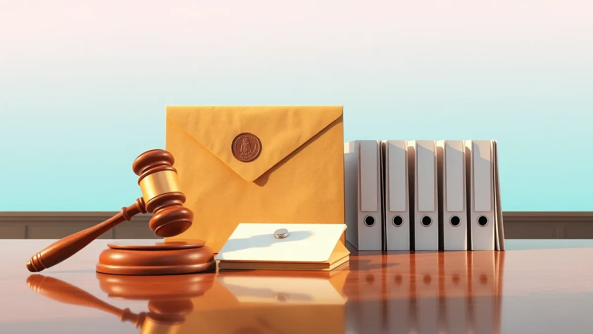 Illustration: A large wooden gavel rests on a polished desk next to a thick stack of sealed manila envelopes.