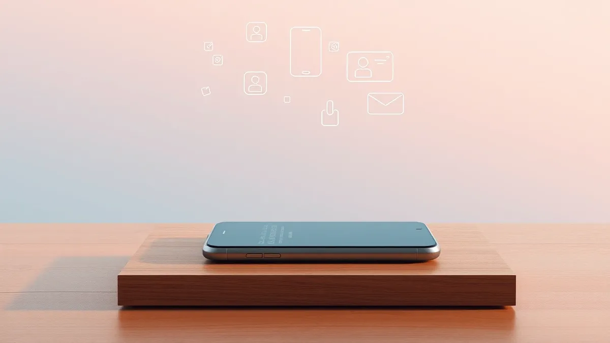 Illustration: A sleek smartphone rests on a wooden table with its screen displaying a blank settings menu.
