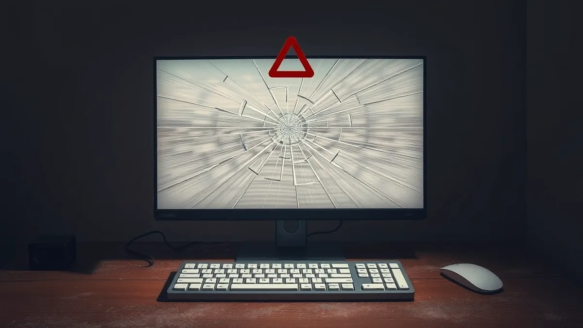 Illustration: A cracked desktop monitor sits on a dusty wooden desk, its screen displaying only abstract static noise.