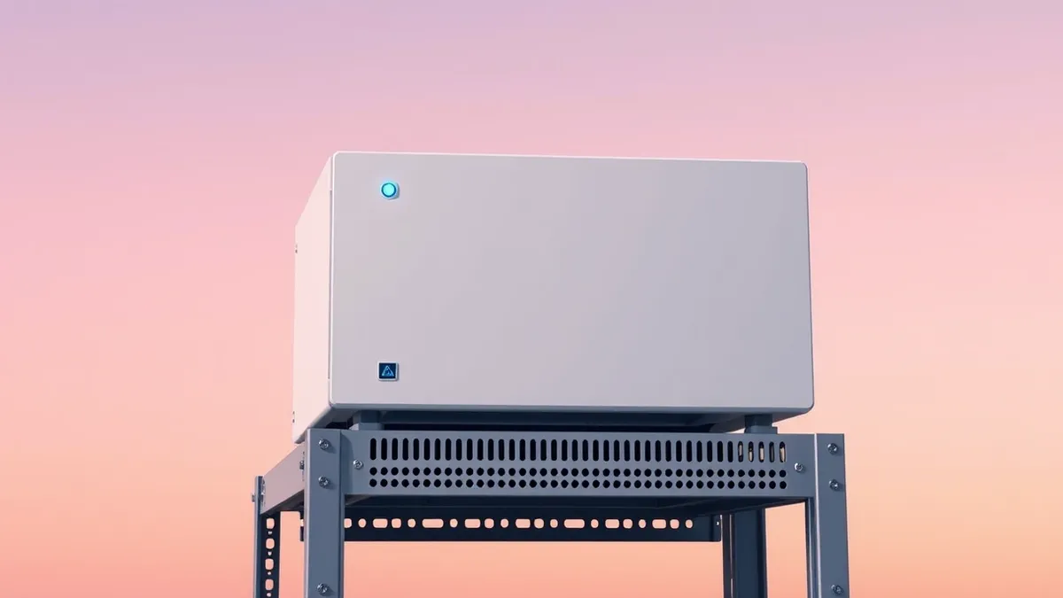Illustration: A sleek white server chassis sits on a metal rack, its front panel displaying three steady blue indicator lights.