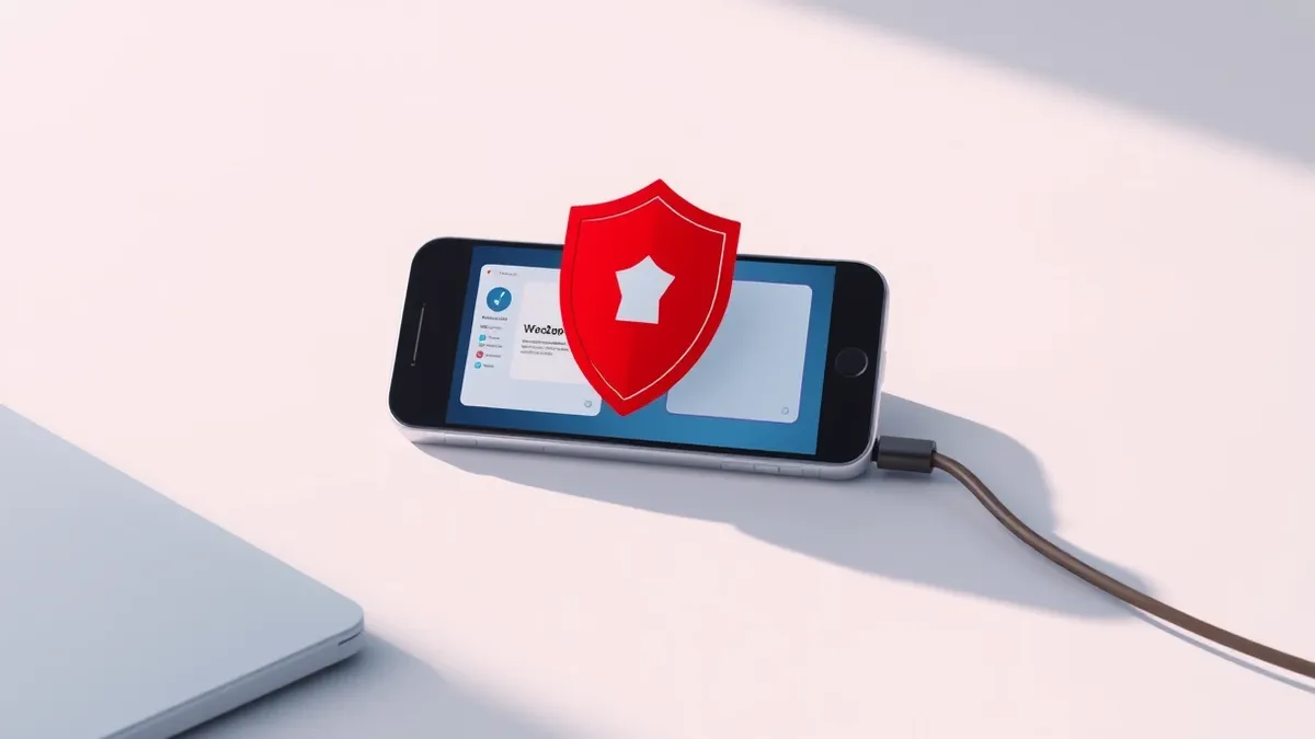 Illustration: A sleek smartphone rests on a clean desk, its screen displaying a bold red shield icon that overlays generic app windows and a charging cable plug.