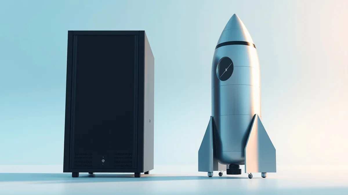 Illustration: A sleek silver rocket engine block sits beside a rugged black server tower.