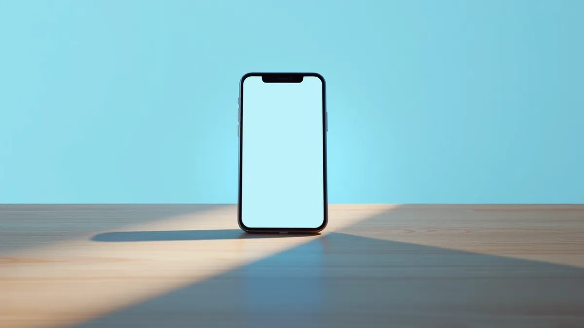 Illustration: A sleek smartphone rests on a wooden table, its screen displaying a blank chat interface with abstract bubbles.