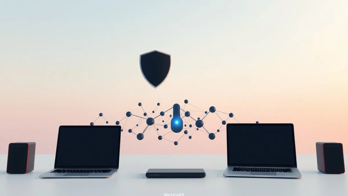 Illustration: A sleek black security shield hovers protectively over a cluster of floating abstract geometric nodes representing an artificial intelligence network.