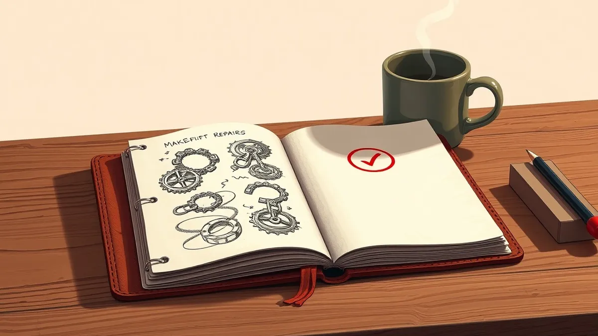 Illustration: A worn leather notebook sits open on a wooden desk beside a steaming ceramic mug.