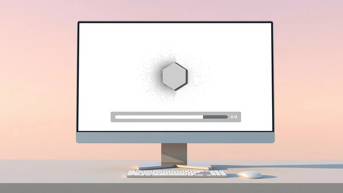 Illustration: A blank computer monitor displays a single abstract geometric shape emerging from static noise.