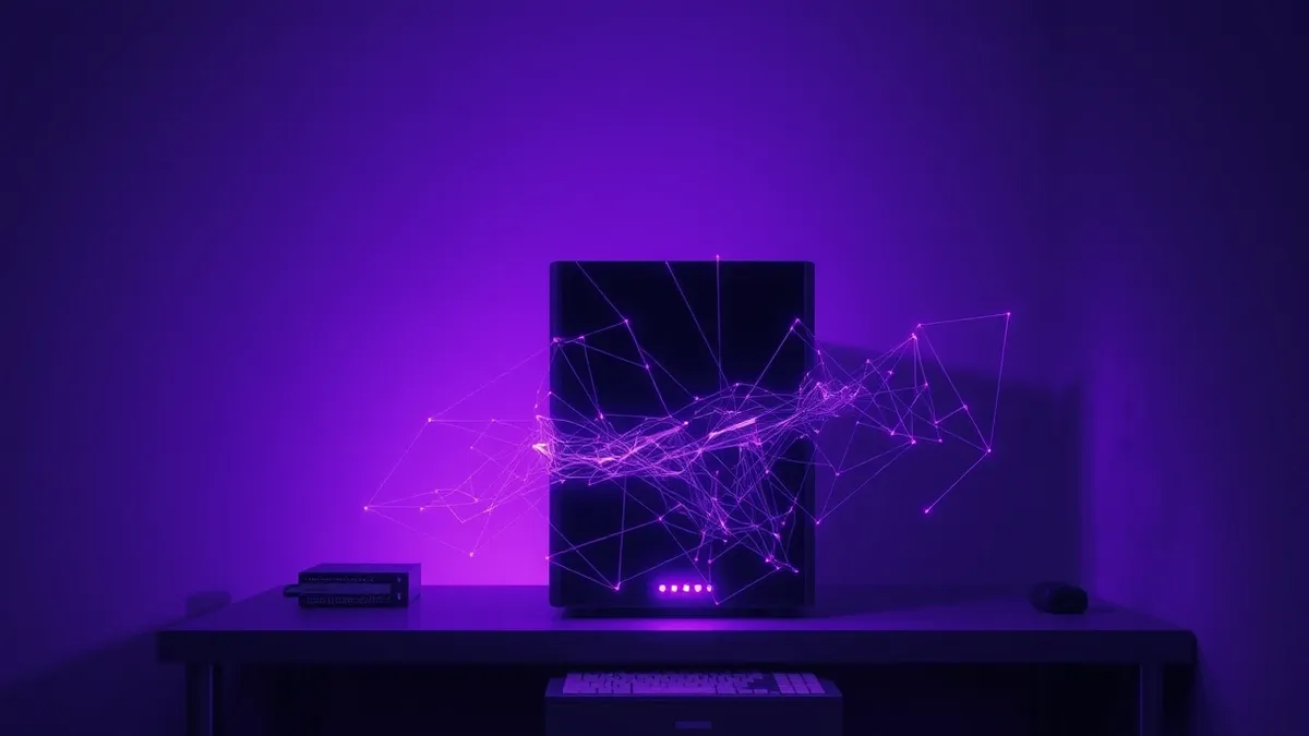 Illustration: A sleek server box sits on a desk, emitting faint purple light.