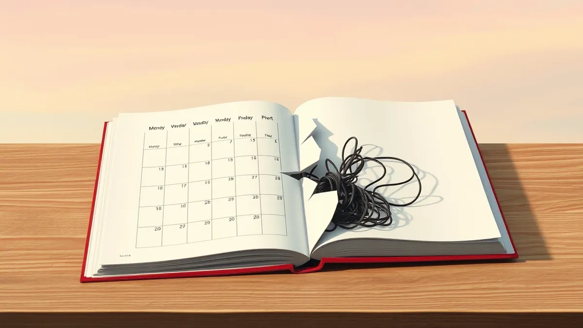 Illustration: A white calendar book lies open on a wooden table, showing blank appointment slots.