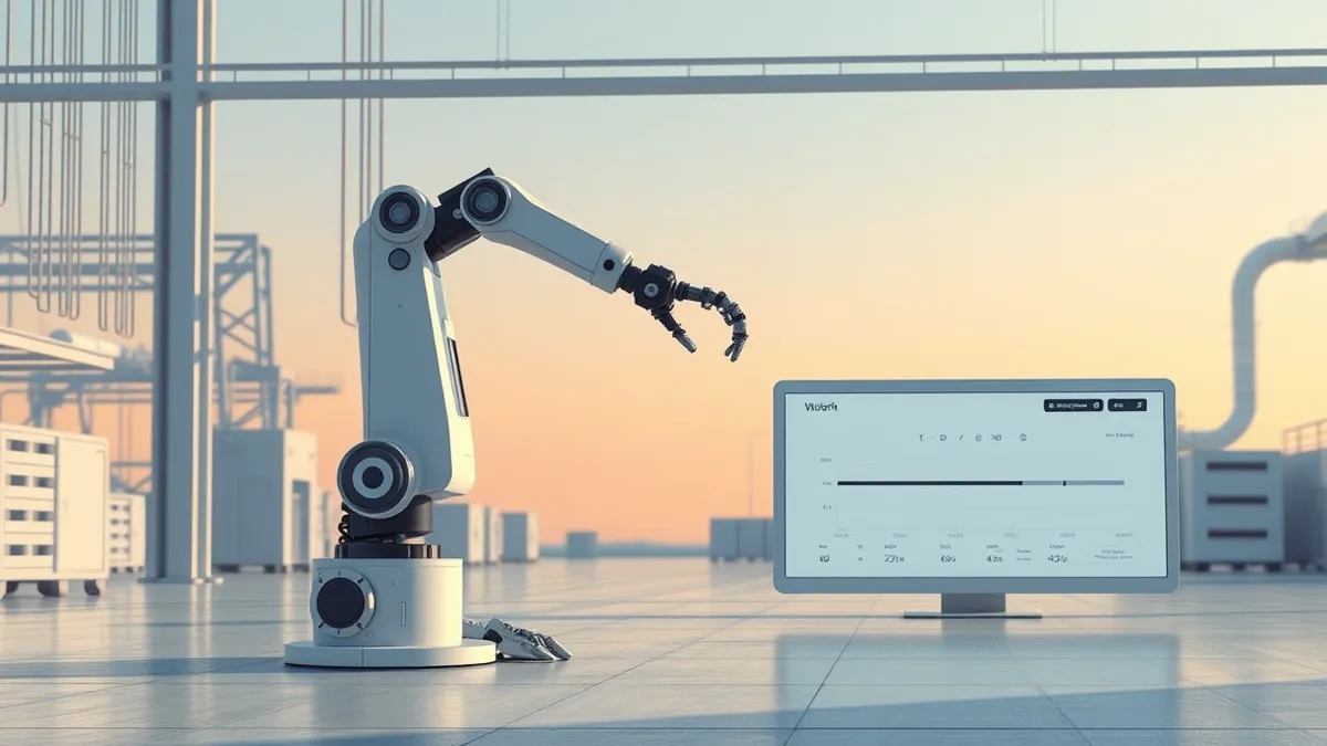 Illustration: A sleek robotic arm sits idle on a factory floor, its joints still and dormant.