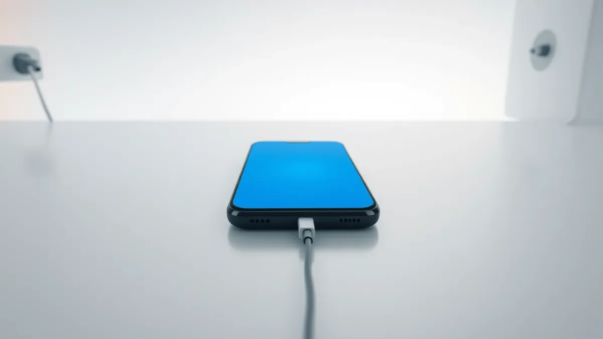 Illustration: A sleek black smartphone rests on a clean white testing bench.