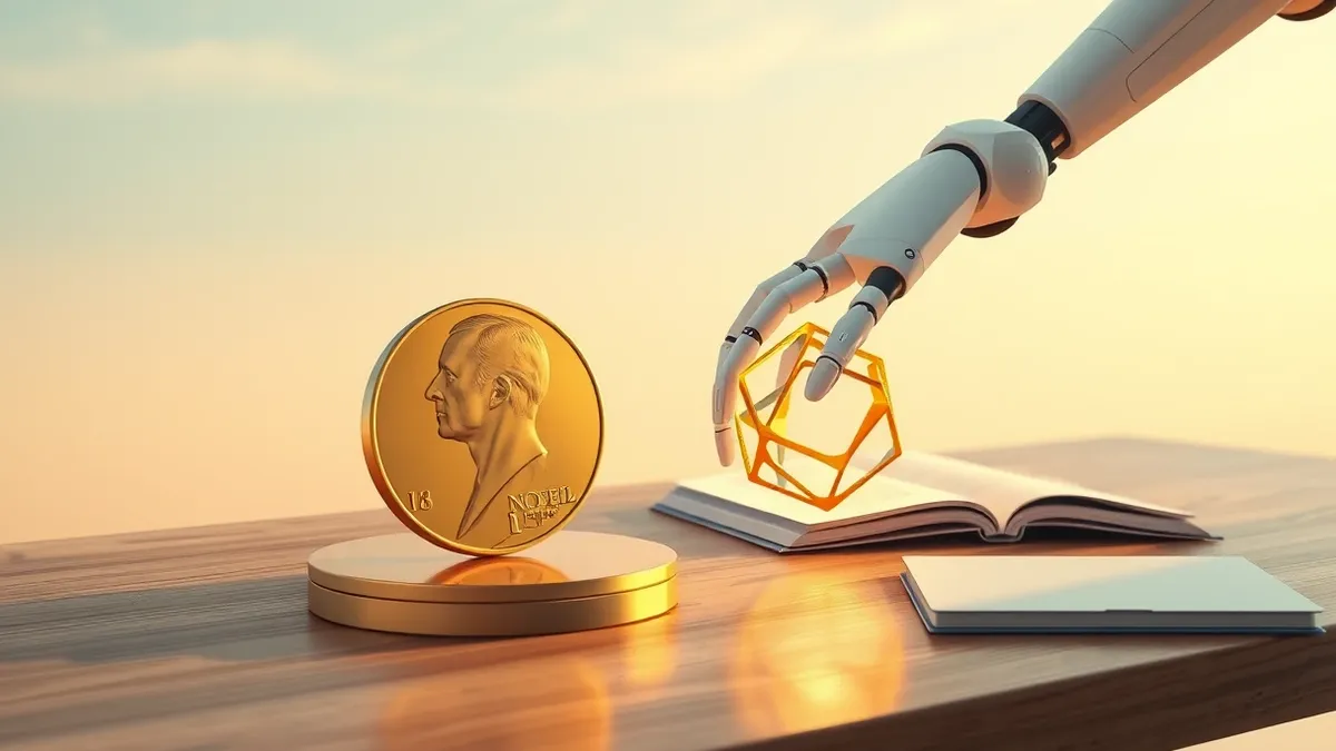 Illustration: A golden Nobel medal sits on a polished wooden table, its surface reflecting soft light.