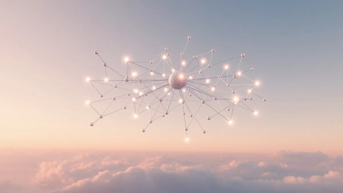 Illustration: A complex web of glowing nodes and connecting lines floats in midair, representing interconnected data points.