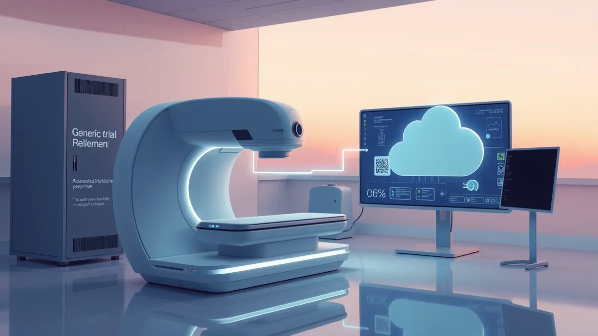Illustration: A sleek medical scanner sits beside a generic cloud server in a sterile laboratory.