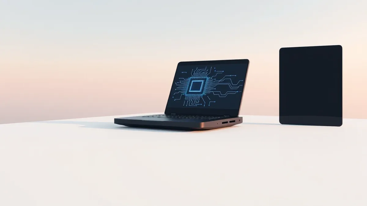Illustration: A sleek black laptop rests on a clean white surface.