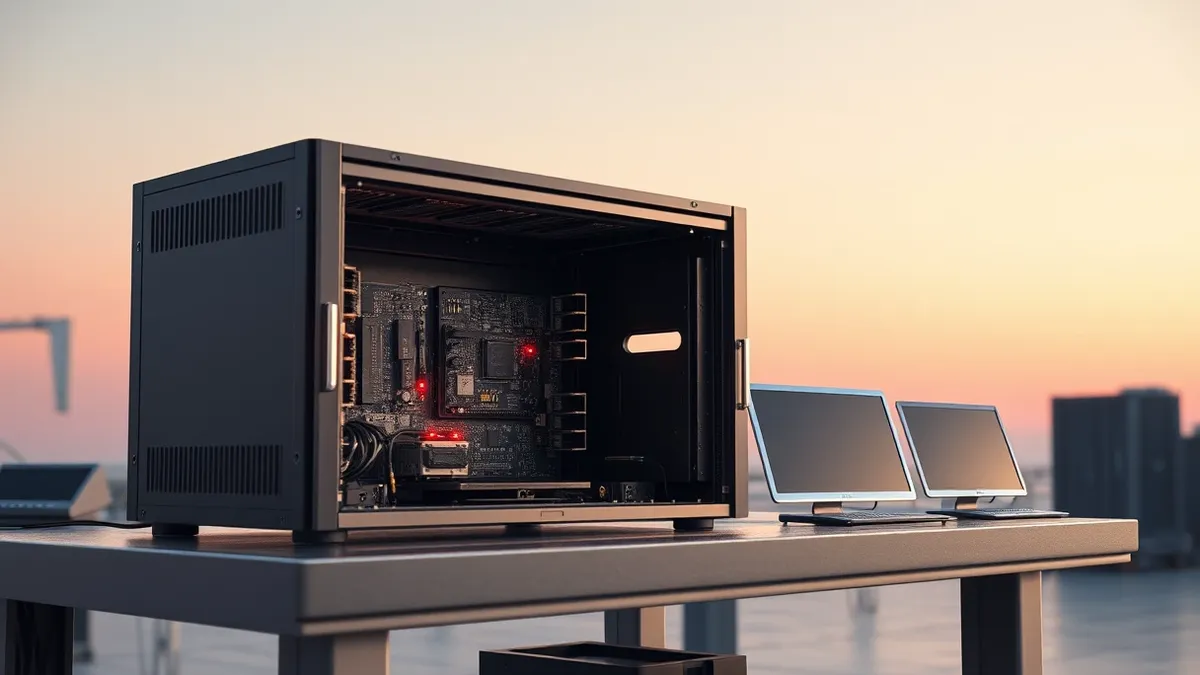 Illustration: A sleek black server unit sits open on a metal workbench, its internal circuit boards exposed to reveal a missing authorization component.
